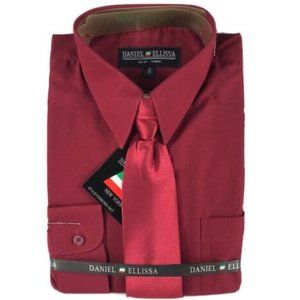 Daniel Ellissa Boys Burgundy Dress Shirt Tie Convertible Cuff Size 8